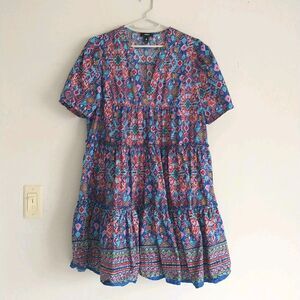 AQUA Sun Dress L/M*Blue Red Geometric Ruffles Short Sleeve V-Neck Cotton Tiered